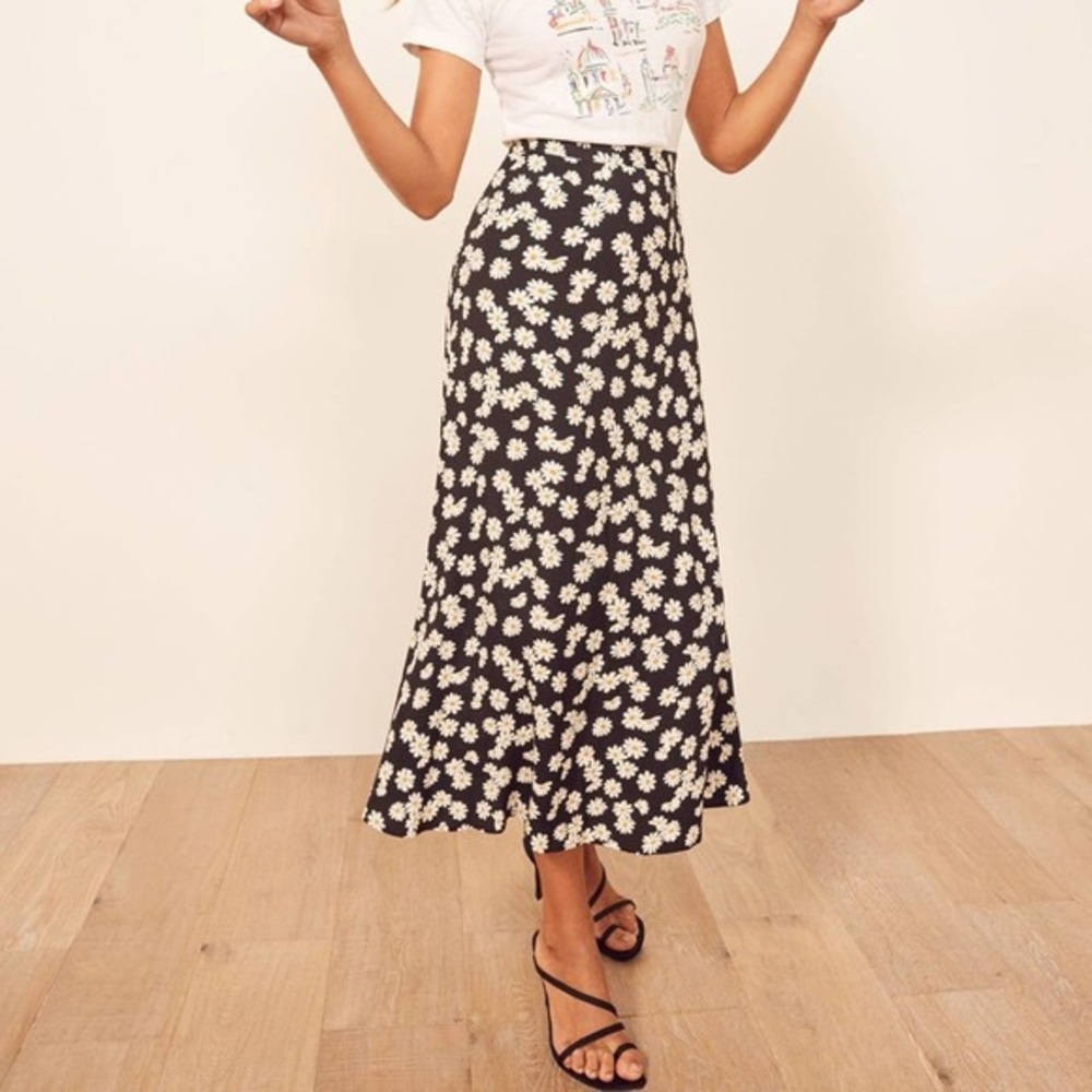 Reformation Bea Daisy Chain Black Floral Midi Skirt